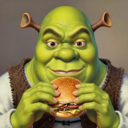 prompt : shrek eating burger portrait soft light painted by james jean and katsuhiro otomo and erik jones, inspired by akira anime, smooth face feature, intricate oil painting, high detail illustration, sharp high detail, manga and anime 1 9 9 9