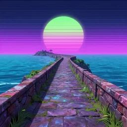 a ancient pathway over the sea, vaporwave, retrowave epic art, trending on art station