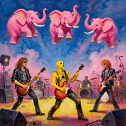a detailed painting of a concert by yellow bananas playing heavy metal while the pink elephants are stage diving in the sky in the style of artist James Jean