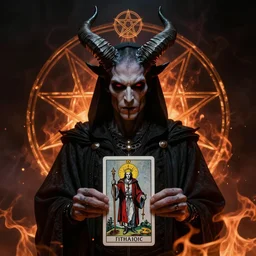 Satanic Carl Sagan, Dark lord of Hell. Portrait. Evil personified. Occult. Tarot. Upside Down Pentgram. horns. flames. hyper realistic