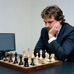 “an dramatically lit analog photograph of Kasparov playing chess agains a computer called deep blue, puzzled and confused”