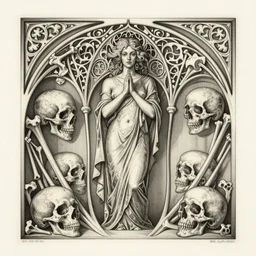 detailed realistic memento mori etching by cameron gray and odilon redon, gothic ornament, skulls, bones, art nouveau, neogothic, ornate art nouveau botanicals, horizontal symmetry