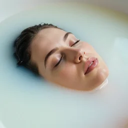 photography by anka zhuravleva and ary scheffer of a woman's face submerged in milkbath. closed eyes. kodak. hq. ethereal.