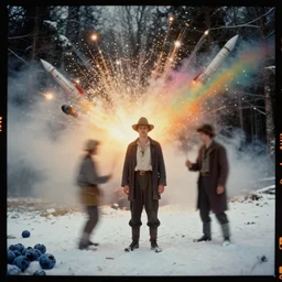 kodak portra 4 0 0, wetplate, muted colours, blueberry, 1 9 1 0 s style, motion blur, portrait photo of a backdrop, explosions, rockets, bombs, sparkling, lumberjack, forest, snow, rainbow coloured fog, by georges melies and by britt marling