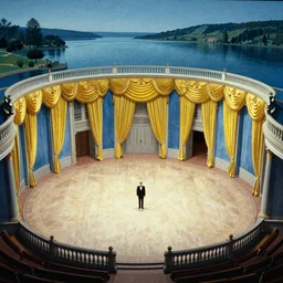 movie still by tarkovsky of a blue neoclassical ballroom with yellow drapery with a lake, cinestill 8 0 0 t 3 5 mm, by magritte, by piranesi, heavy grain, high quality, high detail, isometric view