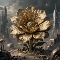 giant grotesque flower in the middle of abandoned alien cityscape, ultradetailed by Giuseppe Arcimboldo and Passarotti and Josan Gonzalez