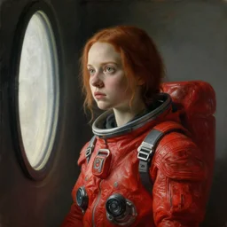 a window - lit realistic portrait painting of a thoughtful girl resembling a young, shy, redheaded alicia vikander or millie bobby brown wearing a futuristic red plastic spacesuit, lit by an oval window at the side, highly detailed, intricate, by vermeer, william bouguereau, and donato giancola, and vermeer