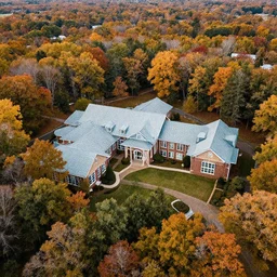 low drone shot of a beautiful ranch style School campus in the middle of the Woods during autumn