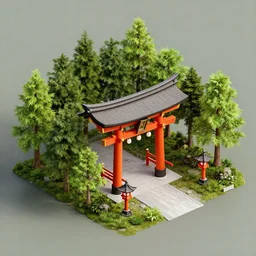 an isometric 3 d render of a shinto shrine in the forest, isometric, octane render, unreal engine