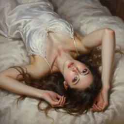 highly detailed oil painting, portrait of beautiful girl wearing night gown laying in her bed, fantasy character portrait, dynamic pose, above view, top lighting, realistic shaded, perfect face, 8 k realistic, hyper detailed, digital painting, artstation, concept art, hyper detailed eyes, top lighting, art by dave rapoza