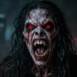 the most horrible monster possible, dark hair, big teeth, red eyes, super scary, evil, dangerous, terrible, horror