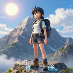 a 3 d film animation still portrait of a adventurer hiker girl atop a big mountain, finely detailed features, water, sun, gapmoe yandere grimdark, trending on pixiv fanbox, painted by greg rutkowski makoto shinkai takashi takeuchi studio ghibli, pixar,