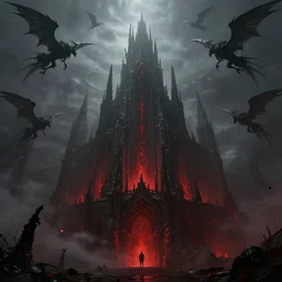 grimdark fantasy fortress, terrifying architecture, looming, dark, fog, atmospheric red lighting, flying chaos creatures, dark souls, hyperrealistic, art by sparth