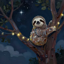 beautiful very dark night with many stars and clouds, a cute sloth on a tree!! with string lights, everything!! made of thick flowing dramatic paint brush strokes, stylish abstract impressionism, matte colors, trending on artstation