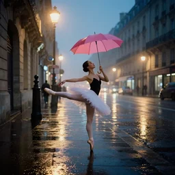 street of paris photography, night, rain, mist, a prima ballerina dancing, a pink umbrella, cinestill 8 0 0 t, in the style of william eggleston