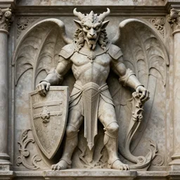 a detailed full body portrait gargoyle guardian in stone, hell knight, relief statue, holding shield, symmetry, symmetrical, by greg rutkowski and justin gerard, digital art, monstrous, art nouveau, baroque style, realistic painting, very detailed, fantasy, dnd, character design, trending on artstation