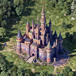 google satellite view of a psychedelic castle under siege by humans, renderman, physically based render, unreal engine, by petros afshar, ross tran, tom whalen, peter mohrbacher, artgerm