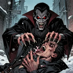Rafael Albuquerque comic art cover art, scary vampire with red eyes and open mouth and sharp teeth, attacking and eating a person, ripping them apart with long sharp fingers long nails, horror, grotesque, fighting aggression, snow in an alleyway
