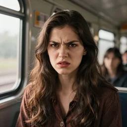 a photo of an angry woman on a train