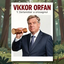 propaganda poster of threatening viktor orban, holding a wood piece, forest in background
