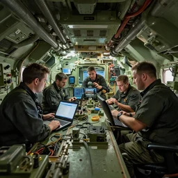 inside of a tank while the crew is working 4 k photo realistic