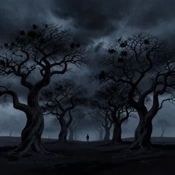 in the black storm, gnarled trees on a darkling plain, drawn by christan delort and jean gireaud, low camera, wide angle, centered composition, golden ratio