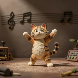 a cat dancing, music notes in the background, claymation