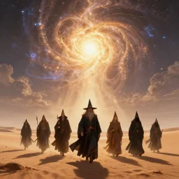 group of wizards walking through a flat desert plateau, fantasy art, view from below, brightly lit, fractal sky,