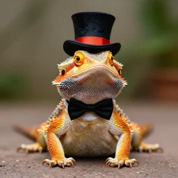 dslr portrait still of a bearded dragon wearing a top hat and bow tie, 8 k 8 5 mm f 1. 4