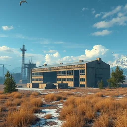 a beautiful photorealistic rendering of hangar industrial architecture building abandoned nature unfinished building city by diebedo francis kere, made of glass lake cyberpunk darkacademia tokyo san andreas crystal assassin's creed anime junglepunk biopunk myst retro tundra at winter hyperrealism, archdaily, wallpaper, highly detailed, trending on artstation.