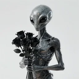 extraterrestrial alien man holds a bunch of black roses, digital art, detailed, realistic