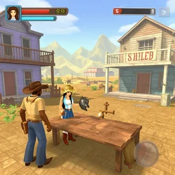 screenshot of gameplay dating simulator game set in 1 8 3 9, interior of old west saloon, featuring african american and japanese cowboys and cowgirls in ghost town with buildings painted bright pastel colors, morning light with mountains in the background