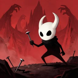 horror art, hollow knight in the middle fighting with a nail, red peaks with arms in the background, art by greg rutkowski