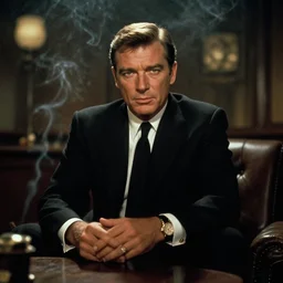 roger moore as james bond, smoke filled room, film noir lighting, film still