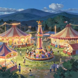 young girls enjoying rides and amusements at a small carnival amusement, food stalls, big top circus tent, roaming entertainers, flashing lights, highly detailed, magical, japan mountains, digital painting, concept art, matte, art by ruan jia and wlop and greg rutkowski and makoto shinkai, masterpiece