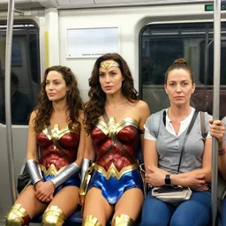 gal gadot dressed as wonder woman and angelina jolie as lara croft ride a subway train on the shanghai metro. h 6 4 0