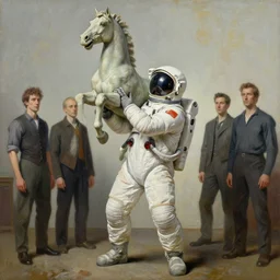 bodybuilder in an astronaut helmet and costume lifts a statue of a horse, highly detailed painting by francis bacon, edward hopper, adrian ghenie, gerhard richter, and james jean soft light 4 k,