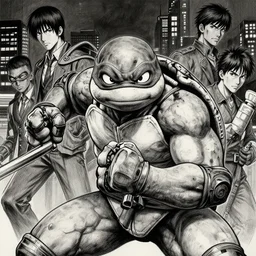 portrait leonardo from ninja turtles by yusuke murata and eisuke ogura and naoto kuroshima and tite kubo and hiroya oku, artstation, highly - detailed, cgsociety, pencil and ink, fighting pose, city in the background, dark colors, detailed face