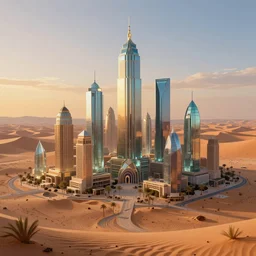 an amazing deep painting of a glass mirage city in the middle of a desert, intricate detail, sunset, idyllic, serene, volumetric lighting, 8 k, photorealistic, digital art trending on artstation