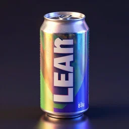 a photo of a can of a drink named lean, colorful, 3 d, 8 k, artificial lighting, materiality, aluminum, ray tracing reflections, fxaa