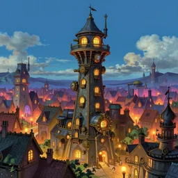 final fantasy, tower, steampunk, victorian town, view from a distance, glowing lights, epic fantasy, colorfully, digital art, highly saturated colors, concept art, detailed illustration, hd, 4 k, digital art, greg rutkowski, dan mumford, studio ghibli trending on artstation