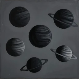 A beautiful painting of five planets by Gioele Muscolino and Daniel Oxford, five planets that are black, white, yellow, red, and blue, behind the galaxy and the universe, Trending on artstation, By Emmanuel Lubezki