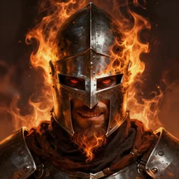 face portrait of a medieval knight, fiery, helmet, piercing eyes, stern, beard, scary smile, intense, dramatic, digital painting, character concept, trending on artstation