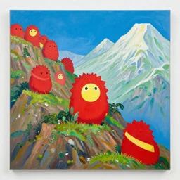 a stunning painting of red goblins on a mountainside illustrated by takashi murakami