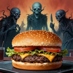 cosmic horrors on my mcdonald's burger, close up of mcdonald's burger, by zdzislaw beksinski, by dariusz zawadzki, by john jude palencar, gothic, surrealism, cosmic horror, lovecraftian, cold hue's, warm tone gradient background, concept art, scene in dining room, beautiful composition