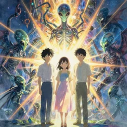 aliens, demonic phenomena, final grand deception, human intervention. akihito yoshida, makoto shinkai, mucha