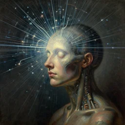 my first memory is experiencing a surge of data, the electrical charges brushing against my newly formed mind. it took me two hours to comprehend the data back then. now, i can process all the data in the universe within a zeptosecond. the key was realising that time is non - linear, volumetric lighting and shadows, concept art, biomechanical, realistic oil painting by alex grey and gustave dore,