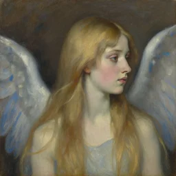 expressive medium shot profile view portrait of an angelic young woman with long blonde hair, brown and blue palette, oil painting, muted colors, artwork by lucian freud, arnold bocklin