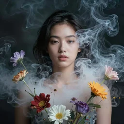 candid portrait of very beautiful young filipino woman, surrounded by dramatic swirling smoke and flowers, face partially obscured, dark background, by conrad roset, abstract, trending on artstation