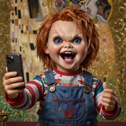 a masterpiece ultrarealistic ultradetailed portrait of a incredibly beautiful screaming chucky doll making selfie. baroque renaissance. medium shot, intricate, elegant, highly detailed. trending on artstation, digital art, by stanley artgerm lau, wlop, rossdraws, james jean, andrei riabovitchev, marc simonetti, yoshitaka amano. background by james jean and gustav klimt, light by julie bell, 4 k, porcelain skin.